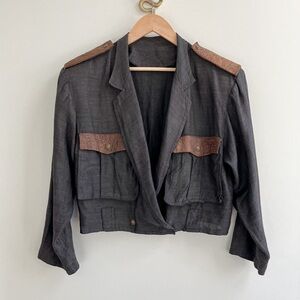 [sergio z] 100% linen leather trim strong shoulder lightweight bomber jacket 44